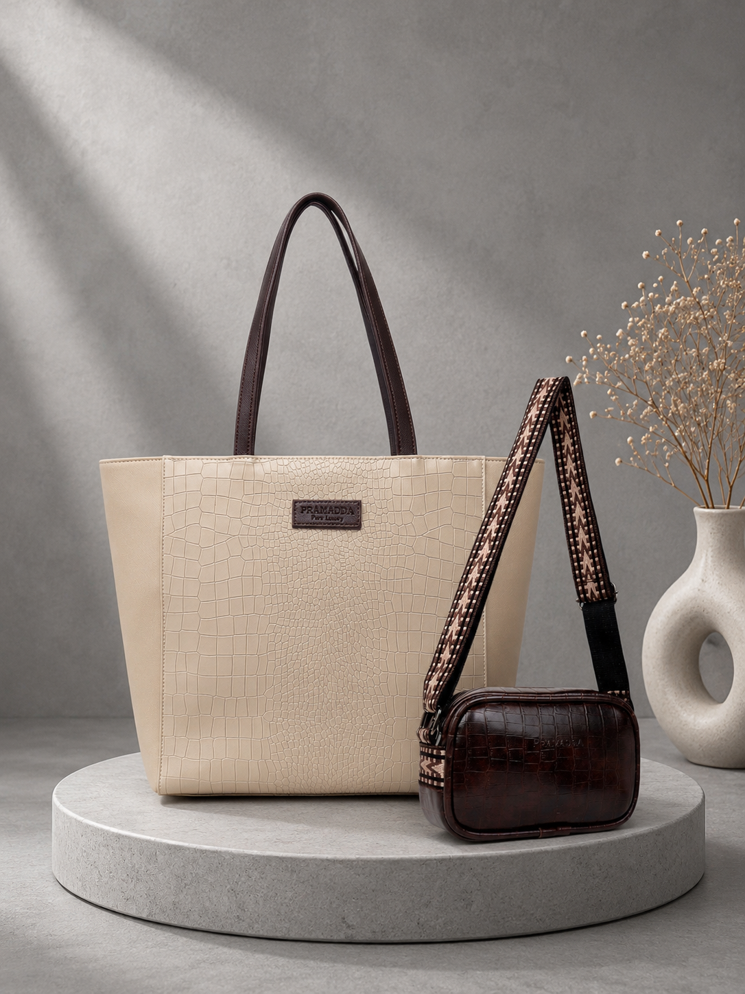 Fiona Croco Tote Bag with Dona Croco Sling Combo. (Beige & Brown)