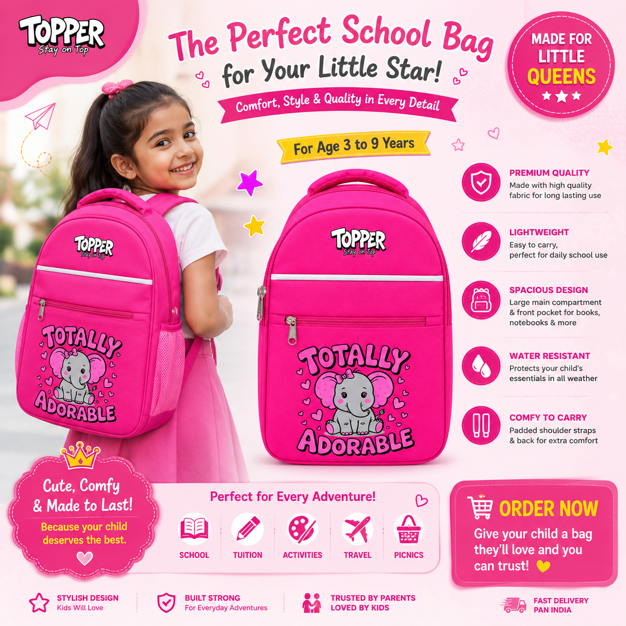 Hot Pink Adorable Elephant School Bag
