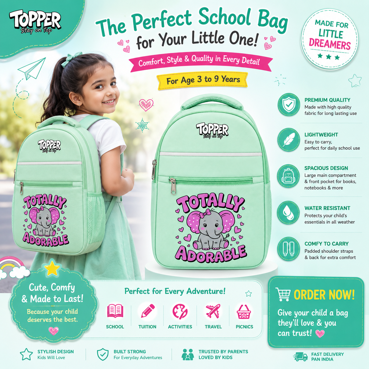 Mint Green Adorable Elephant School Bag