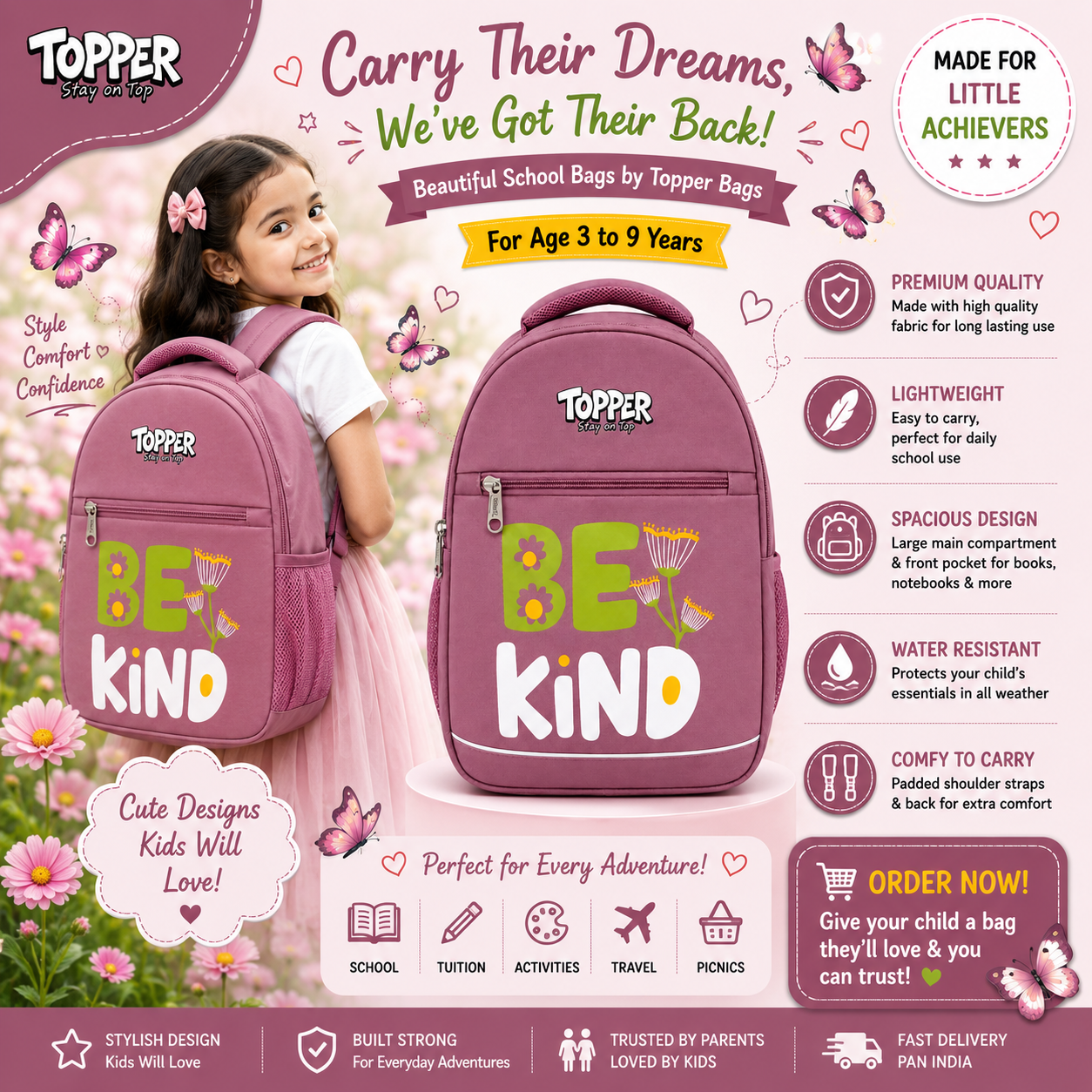 Mauve Pink Be Kind School Bag