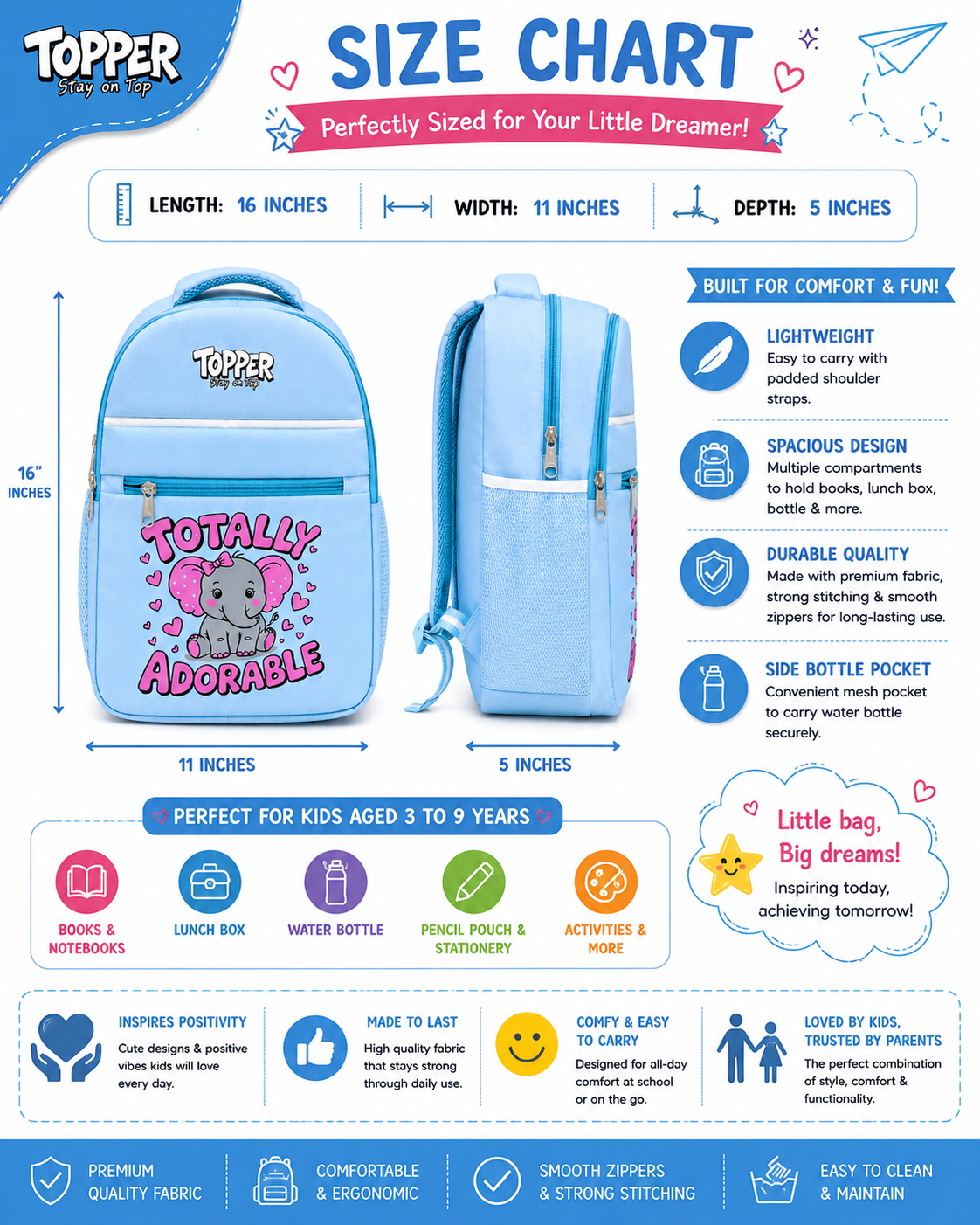 Navy Blue Adorable Elephant School Bag