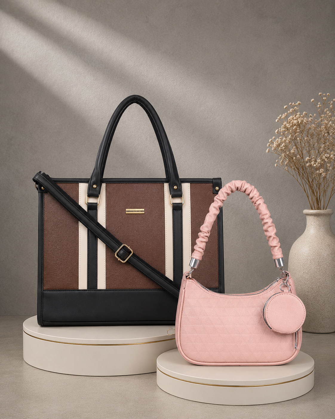 Brown Alica Tote Bag with Pink Mia Shoulder Bag