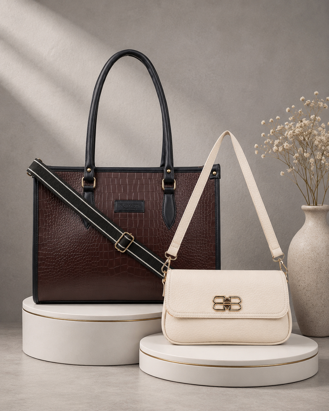 Brown Bianca Tote with Ivory Emma Shoulder Bag