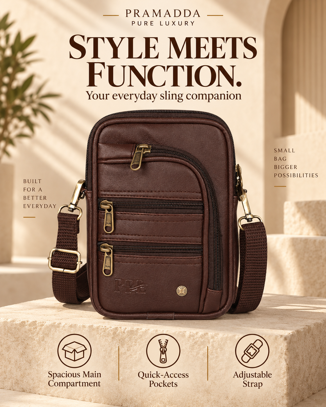 Mocha Brown Seven Zip Sling Bag