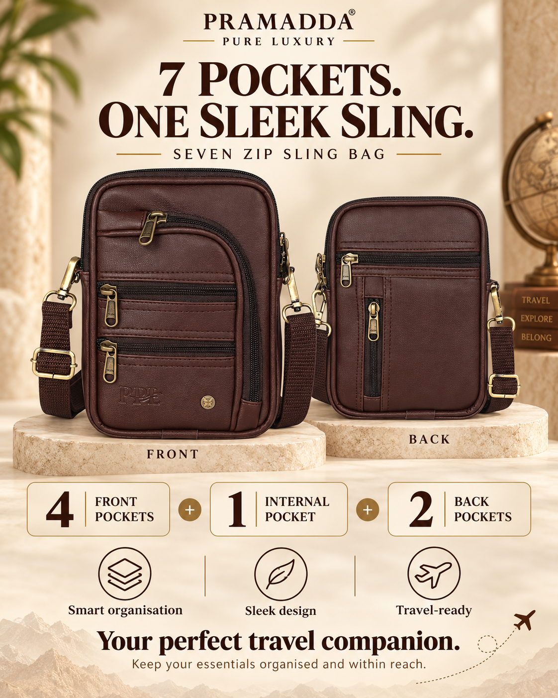 Mocha Brown Seven Zip Sling Bag