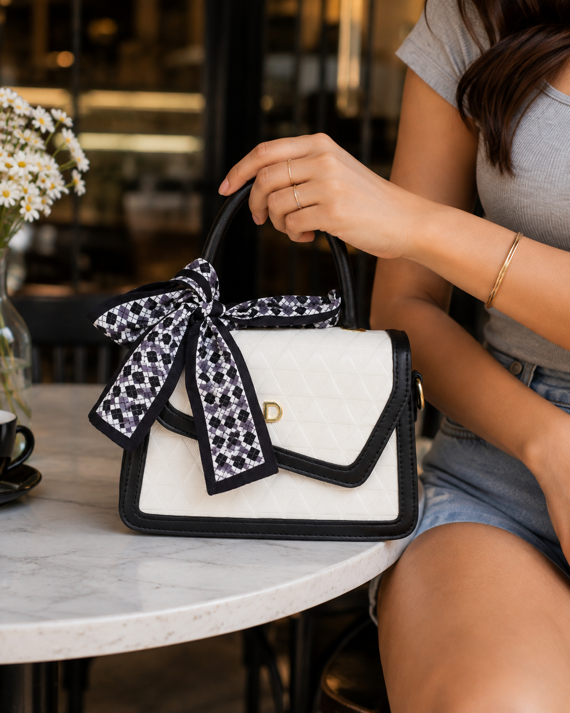 Classis Black and White Daisy Sling bag for woman