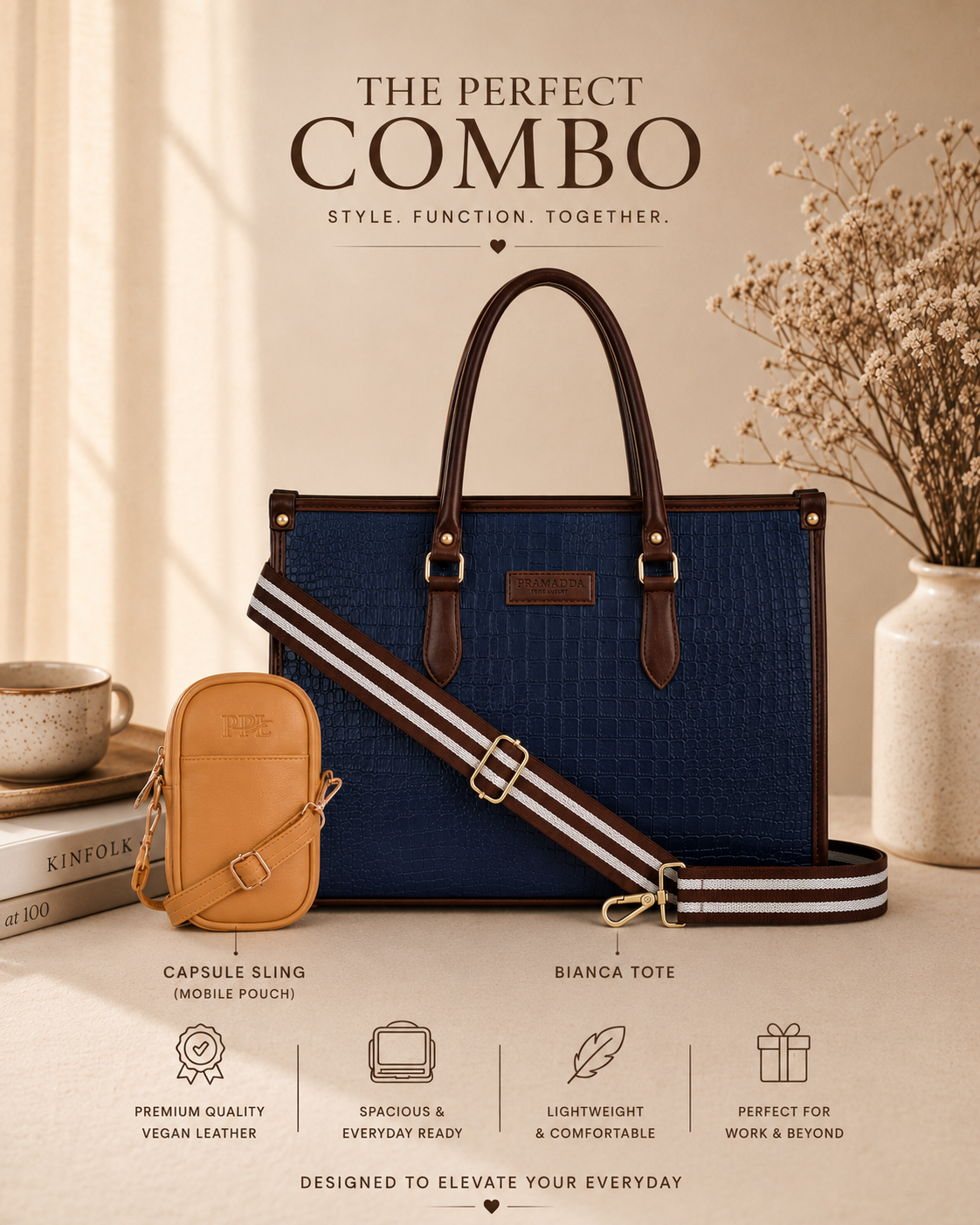 Midnight Blue Bianca Tote Bag + Mustard Capsule Sling Bag (Festive Special)