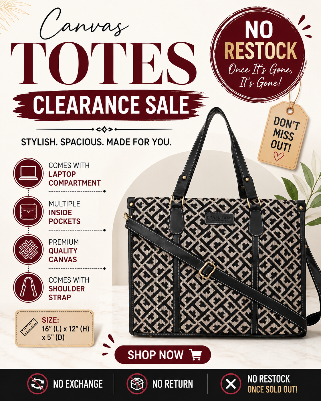 Black Inaya Canvas Tote Bag- Clearance Sale