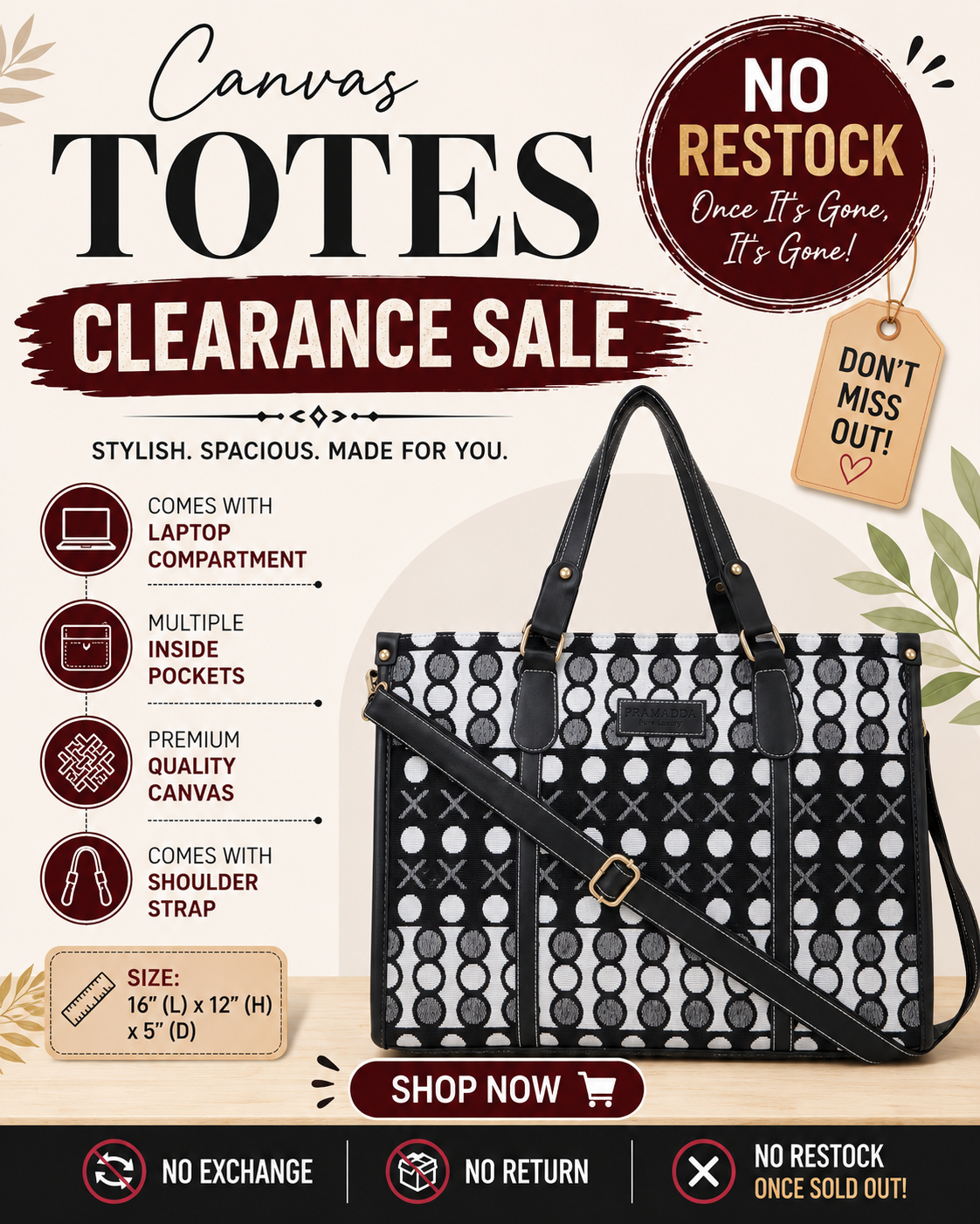 Black and White XO Print Inaya Canvas Tote Bag- Clearance Sale