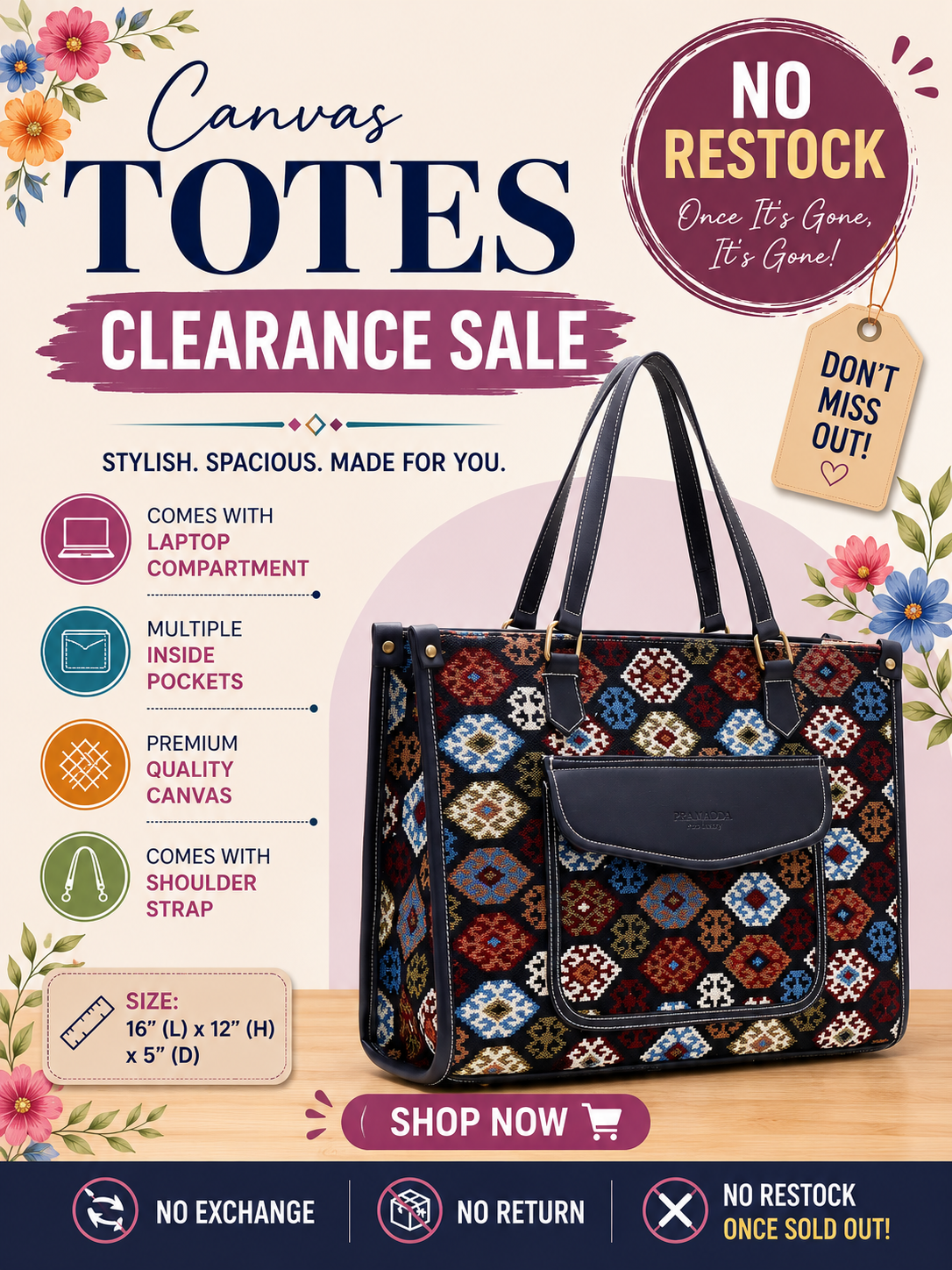 Multi Boho Print Aisha Canvas Tote Bag- Clearance Sale