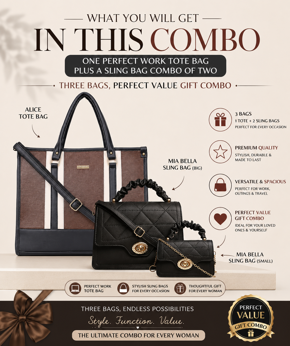 Classic Brown Alice Tote Bag + Mia Bella Sling Combo