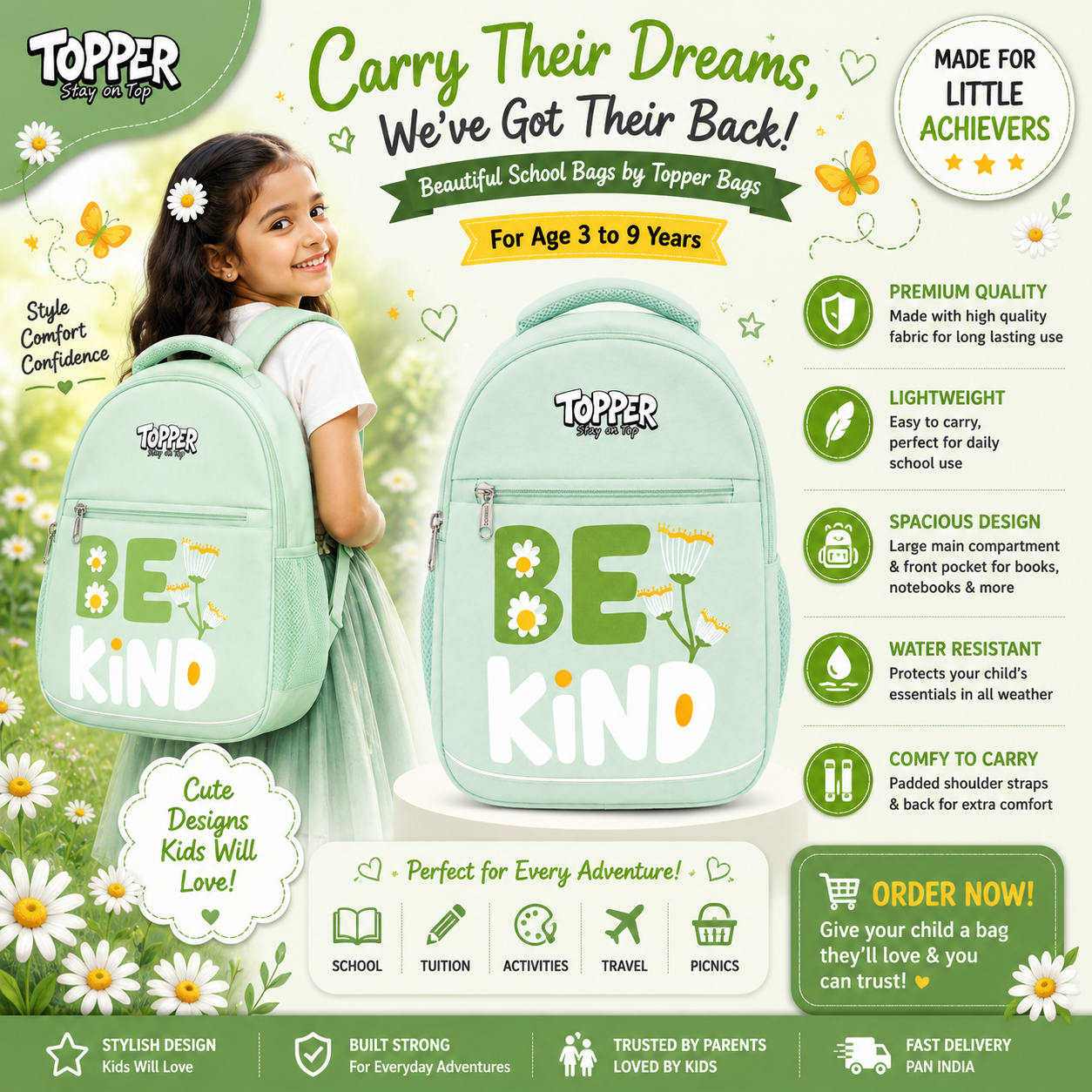 Mint Green Be Kind School Bag