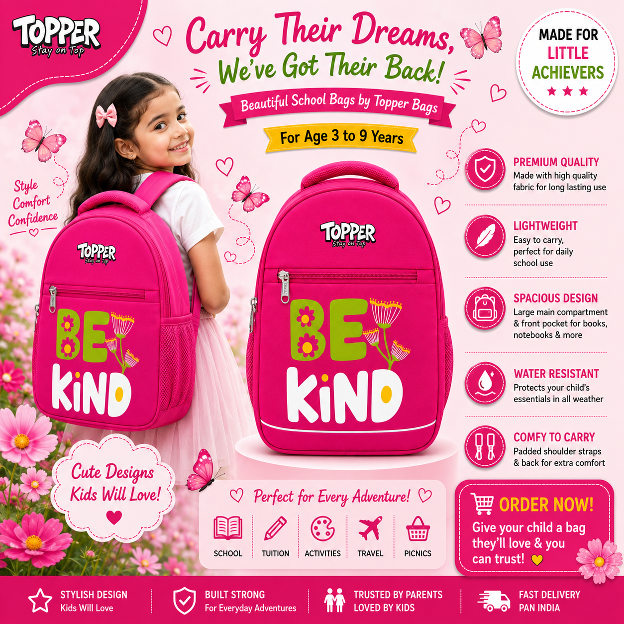 Hot Pink Be Kind School Backpacks