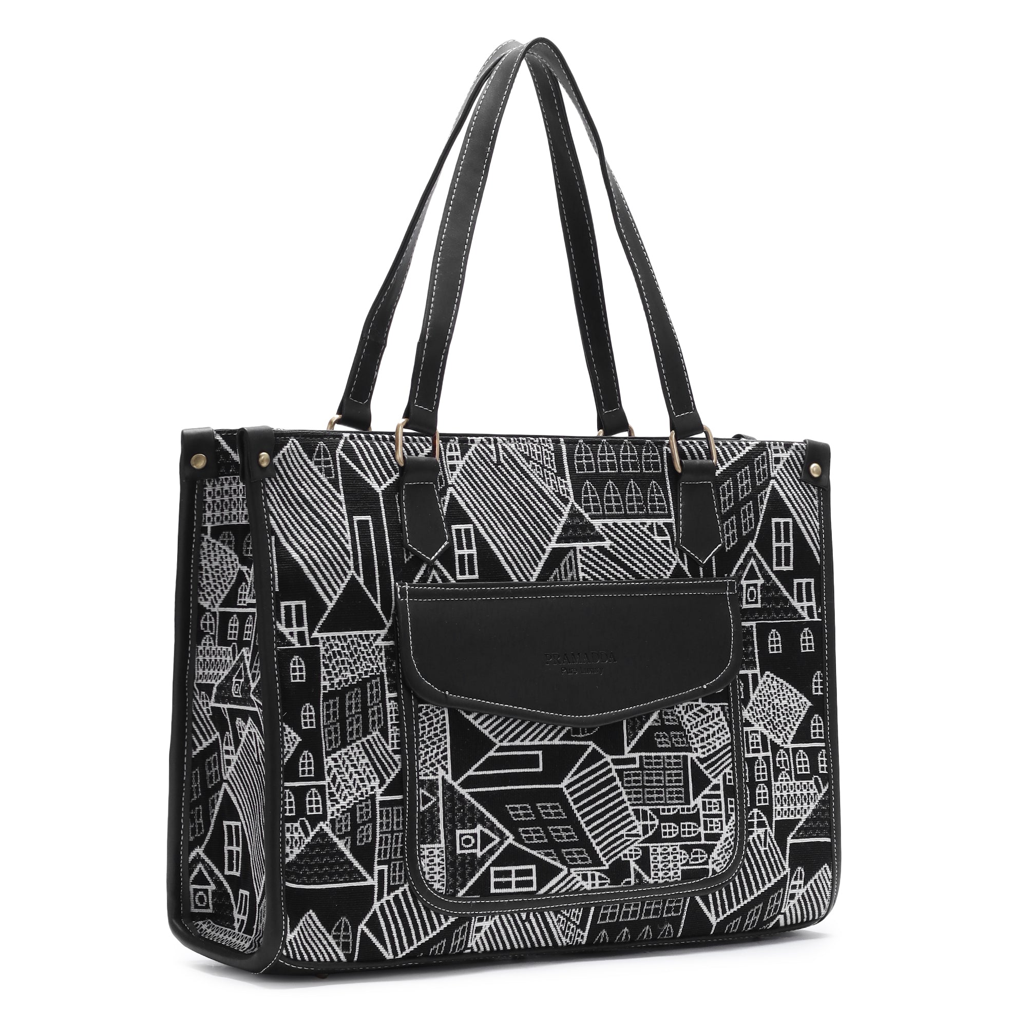 Black Geo Print Canvas Aisha Tote Bag- Clearance Sale