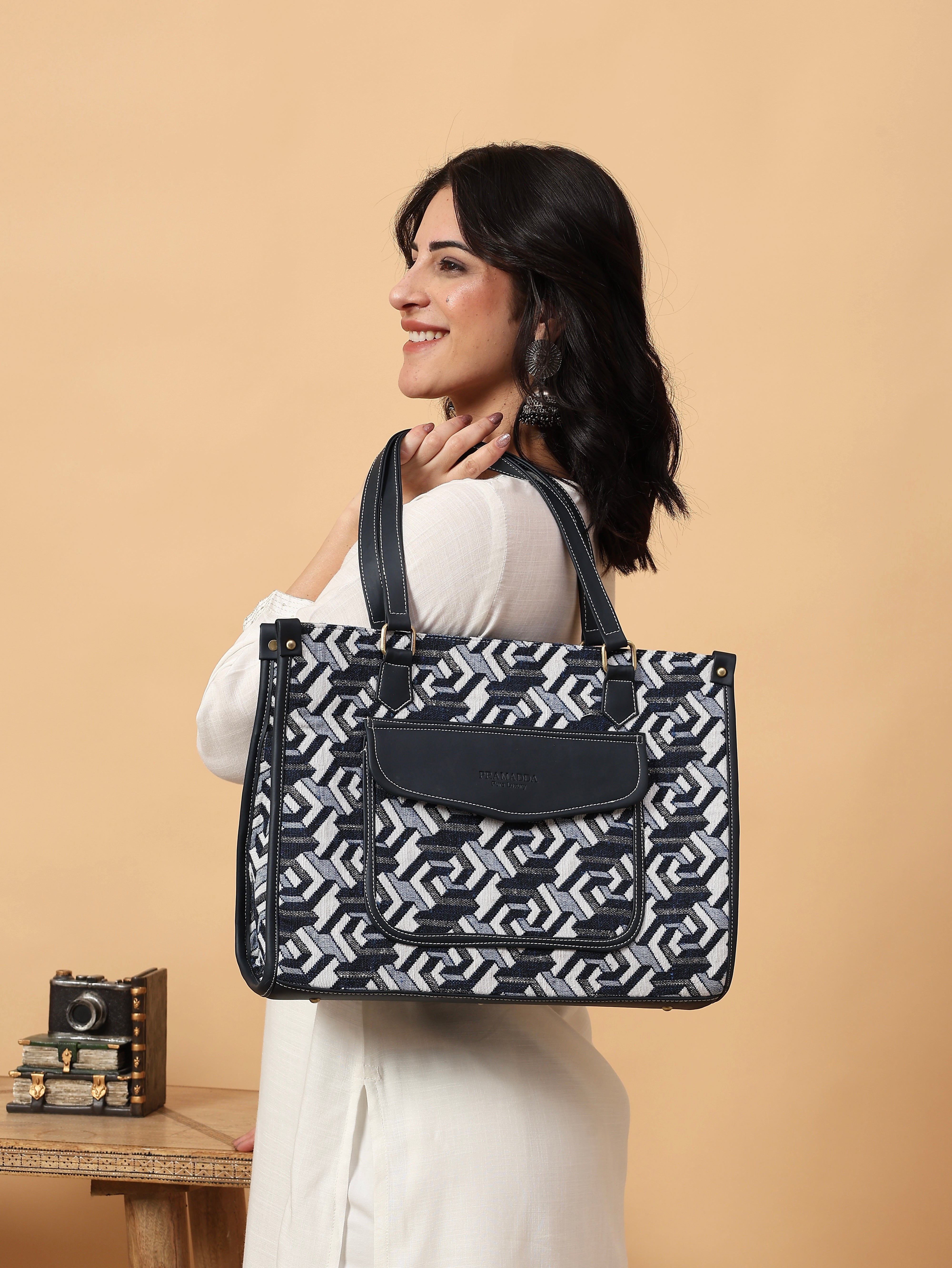 Denim Blue Print Canvas Aisha Tote Bag- Clearance Sale