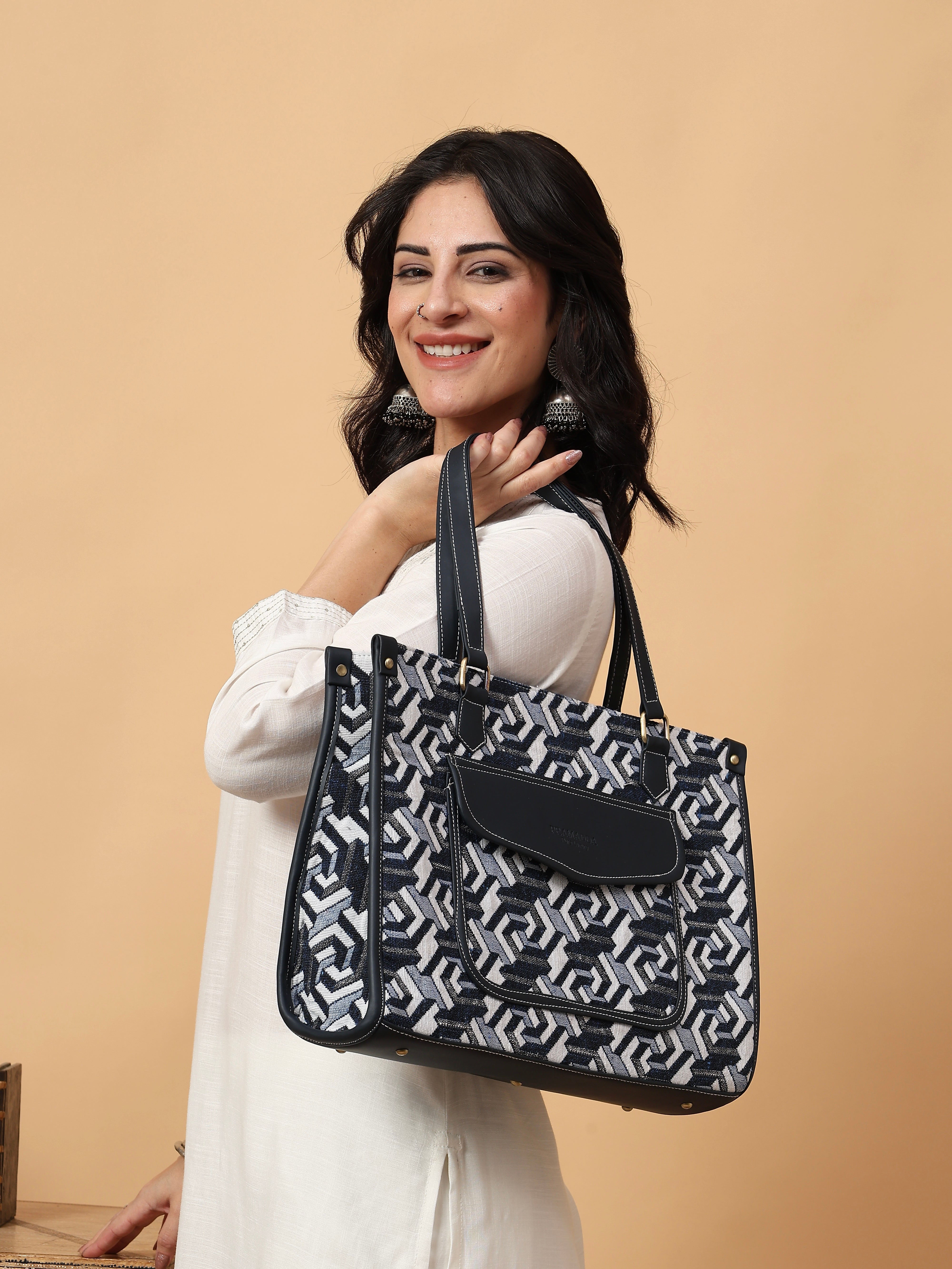 Denim Blue Print Canvas Aisha Tote Bag- Clearance Sale