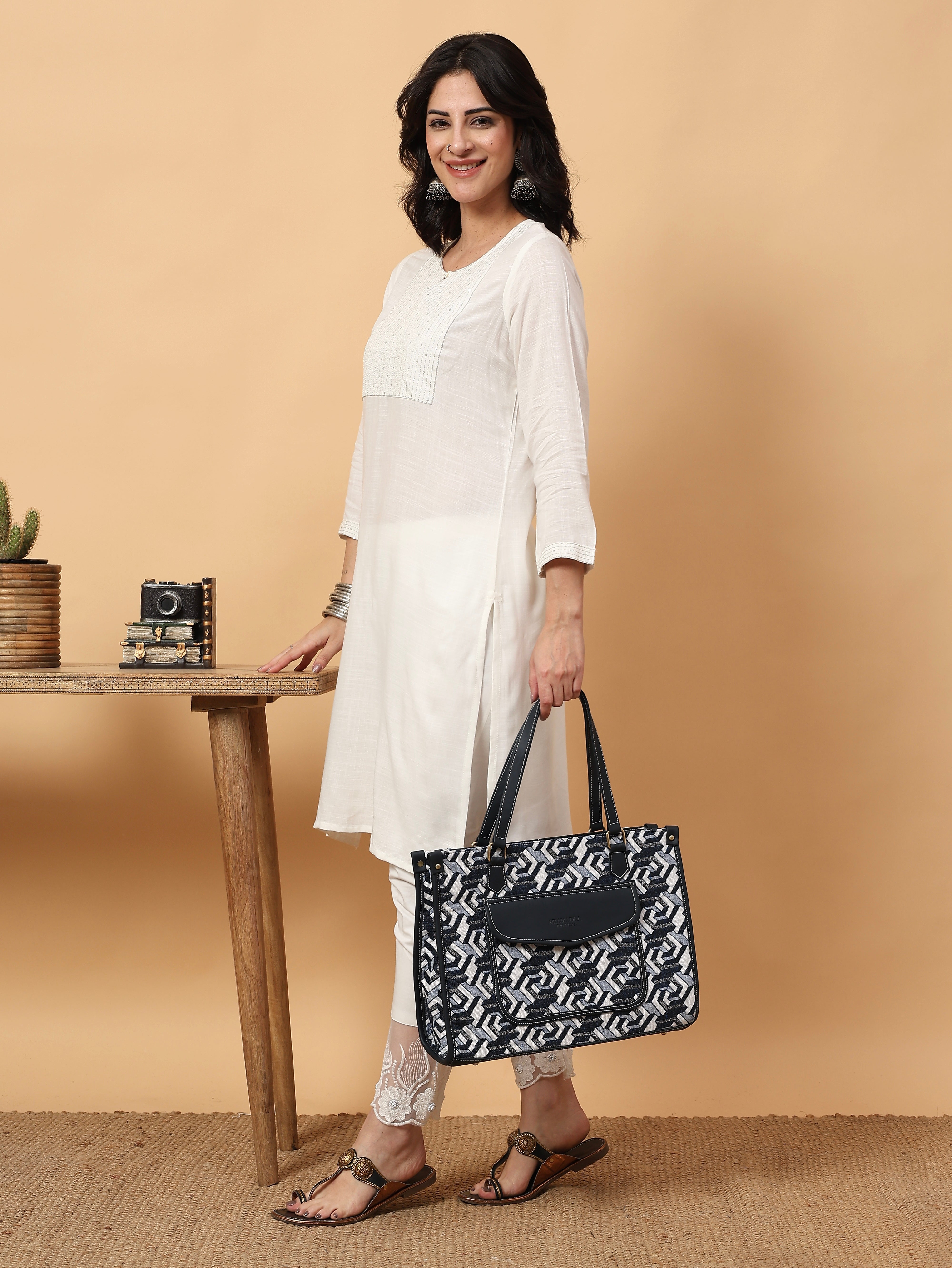 Denim Blue Print Canvas Aisha Tote Bag- Clearance Sale