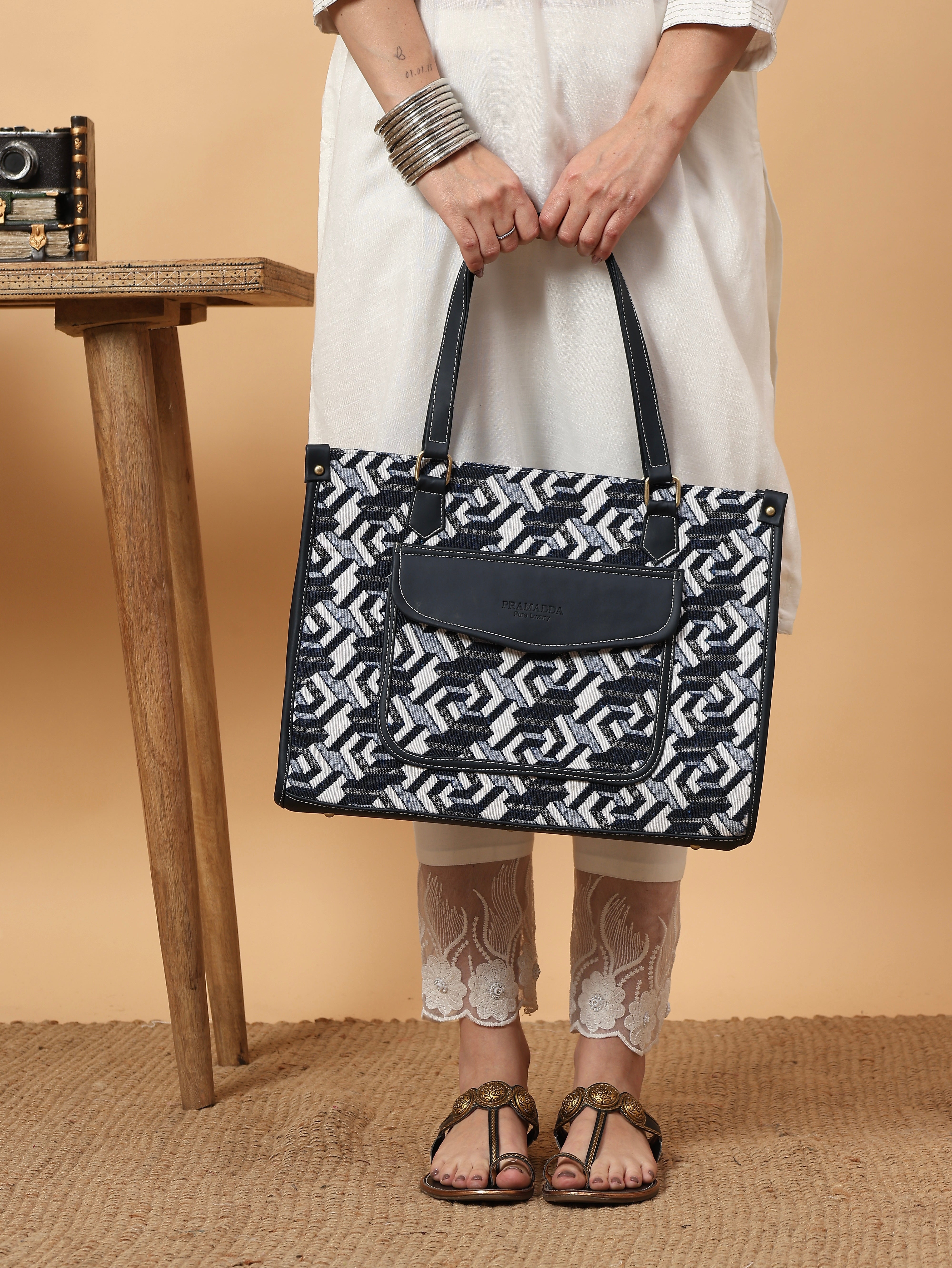 Denim Blue Print Canvas Aisha Tote Bag- Clearance Sale