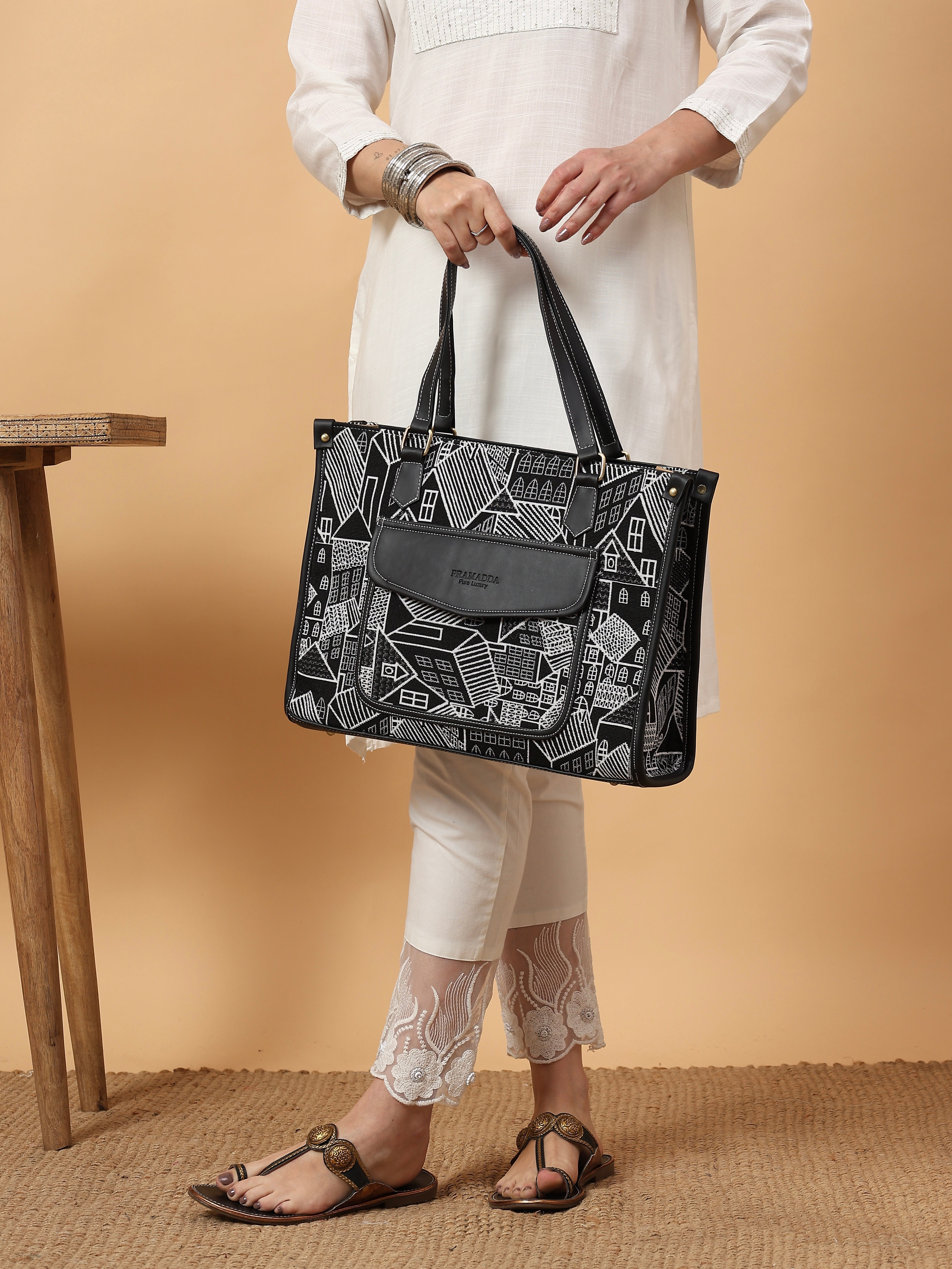 Black Geo Print Canvas Aisha Tote Bag- Clearance Sale
