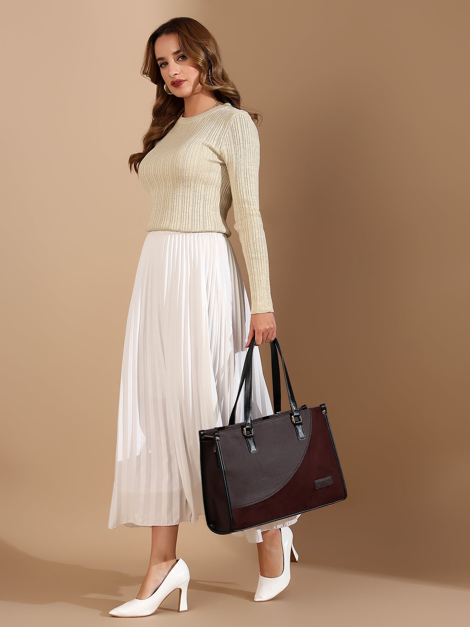 Two-Tone Vegan Leather Structured Tote Bag