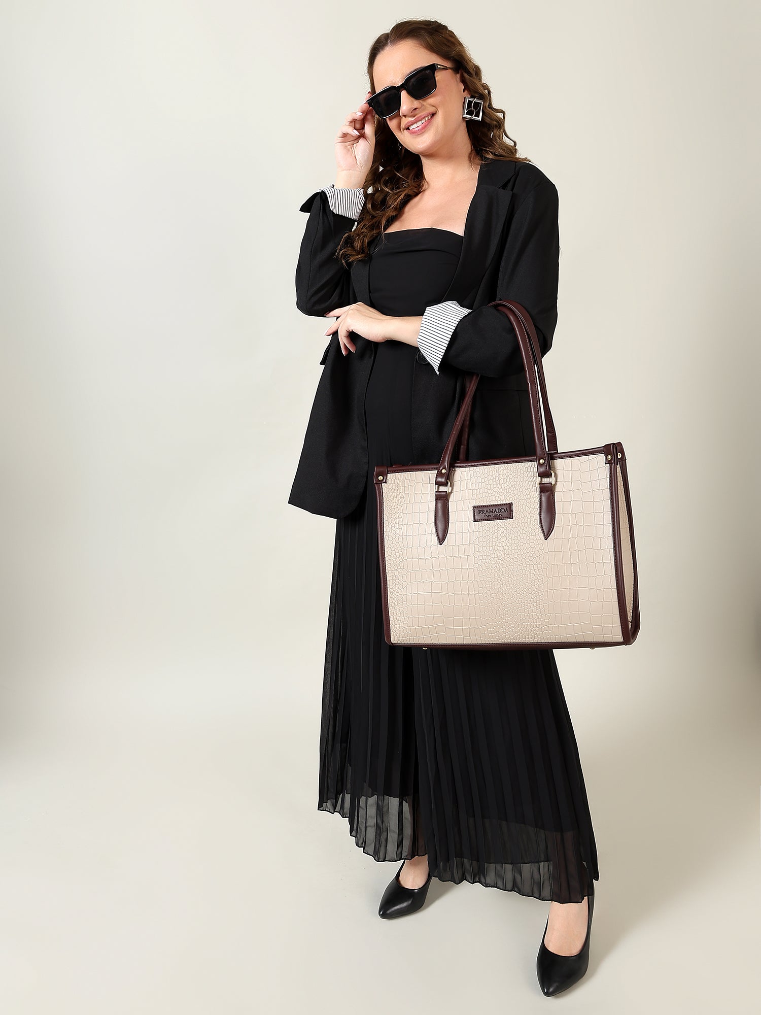 Beige Croc-Embossed Vegan Leather Tote Bag