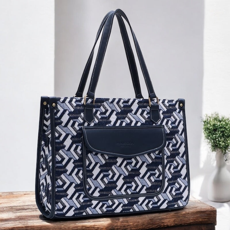 Denim Blue Print Canvas Aisha Tote Bag- Clearance Sale