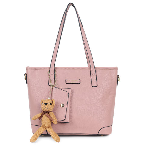 Pretty peach ivory tote bag with teddy and coin pouch.