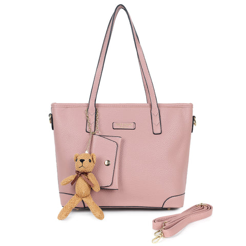 Pretty peach ivory tote bag with teddy and coin pouch.