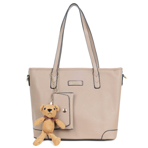 Royal beige ivory tote bag with teddy and coin pouch.