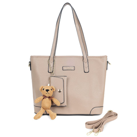 Royal beige ivory tote bag with teddy and coin pouch.
