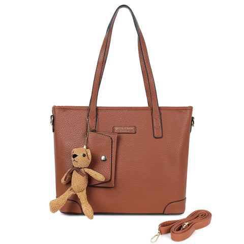 Coffee brown ivory tote bag with teddy and coin pouch.