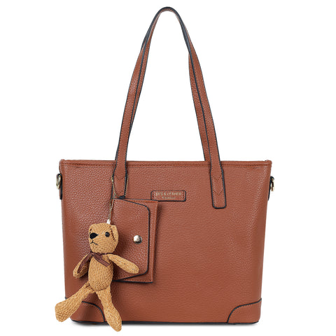 Coffee brown ivory tote bag with teddy and coin pouch.