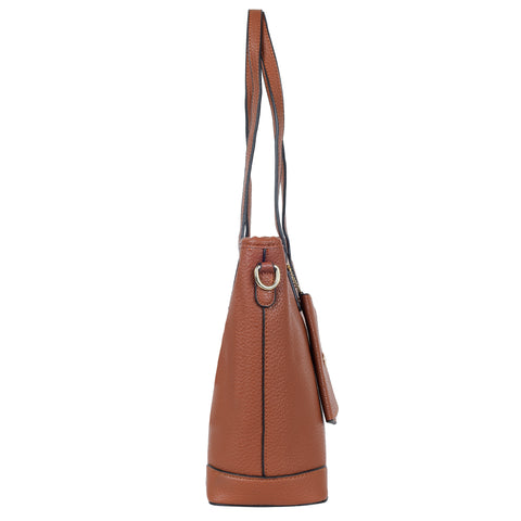 Coffee brown ivory tote bag with teddy and coin pouch.