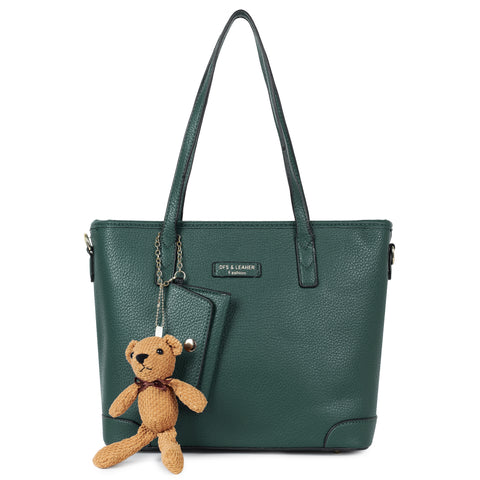 Imperial green ivory tote bag with teddy and coin pouch.