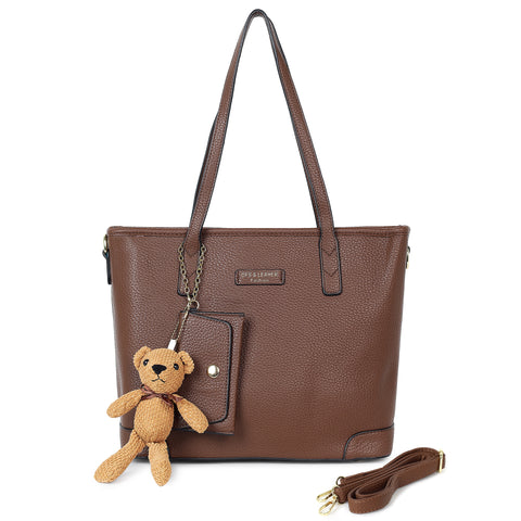 Mocha brown ivory tote bag with teddy and coin pouch.
