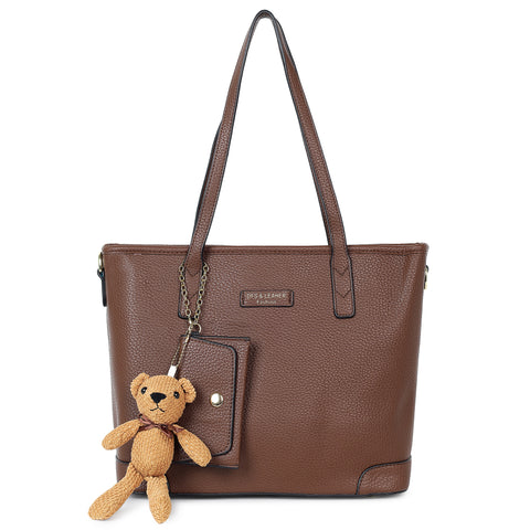 Mocha brown ivory tote bag with teddy and coin pouch.