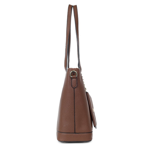 Mocha brown ivory tote bag with teddy and coin pouch.