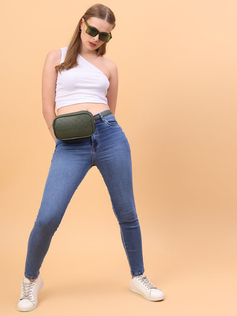 Olive Green Check Emboss Crossbody Cum Waist Bag For Women