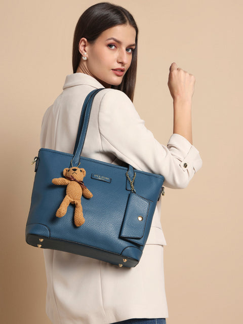 Royal blue ivory tote bag with teddy and coin pouch.