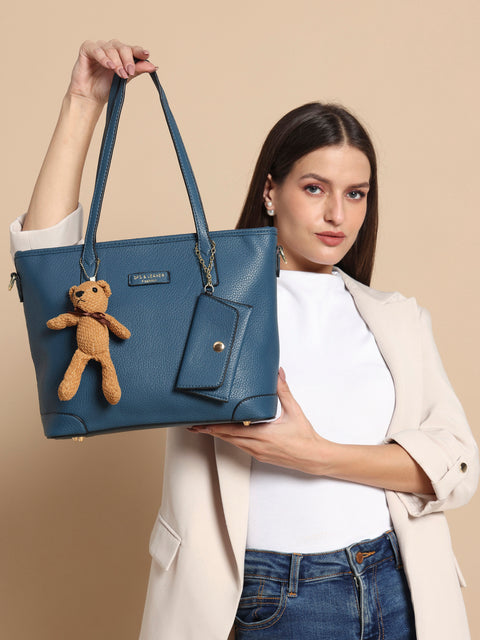Royal blue ivory tote bag with teddy and coin pouch.