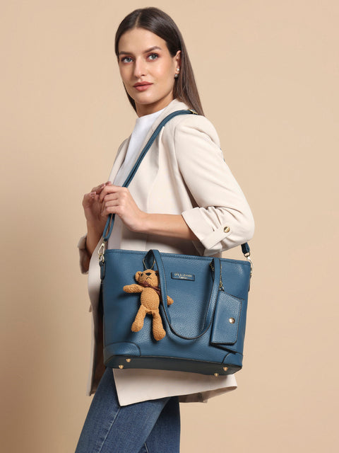 Royal blue ivory tote bag with teddy and coin pouch.