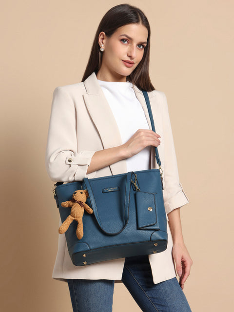 Royal blue ivory tote bag with teddy and coin pouch.
