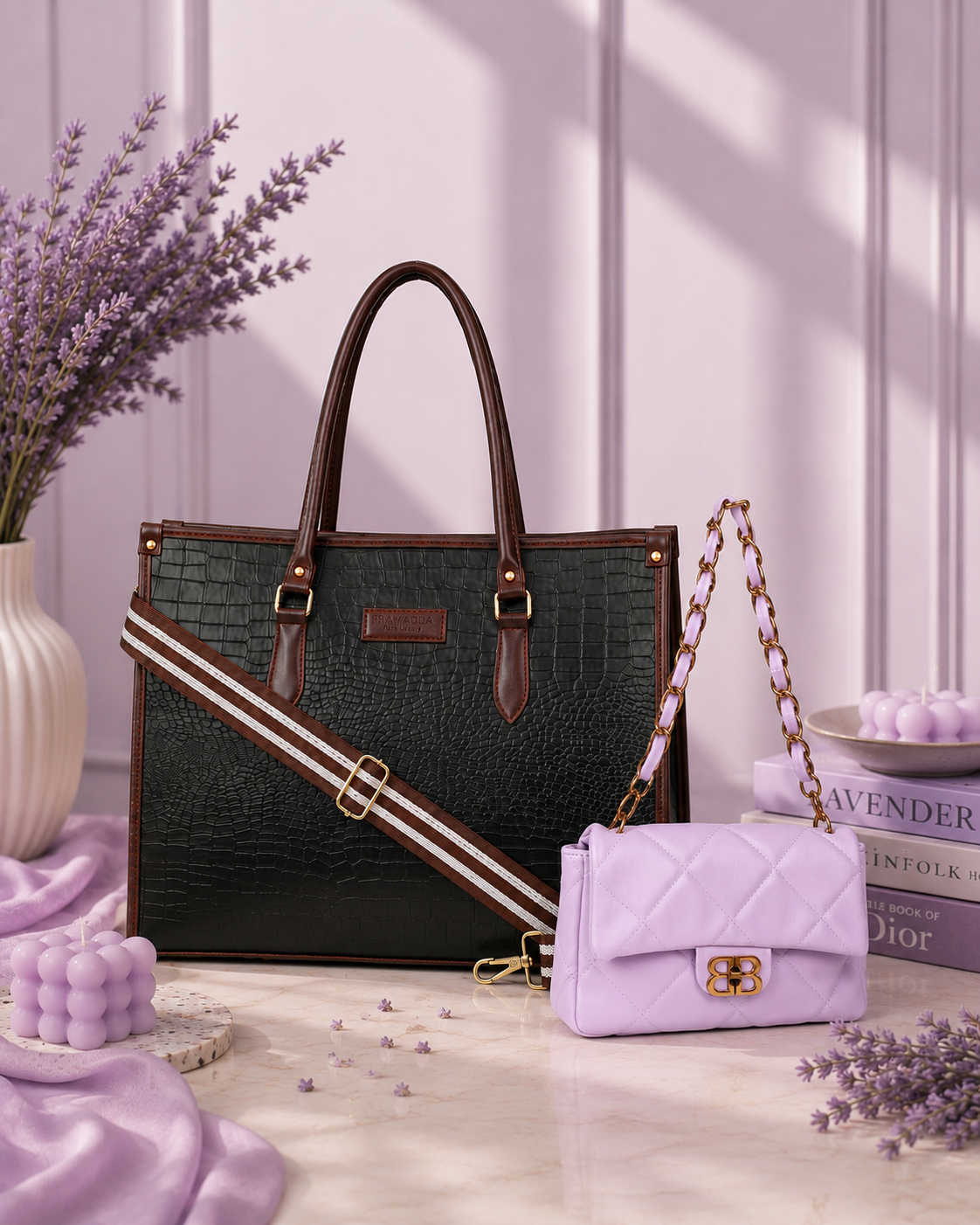 Black Bianca Tote Bag + Lilac Bailey Shoulder Bag