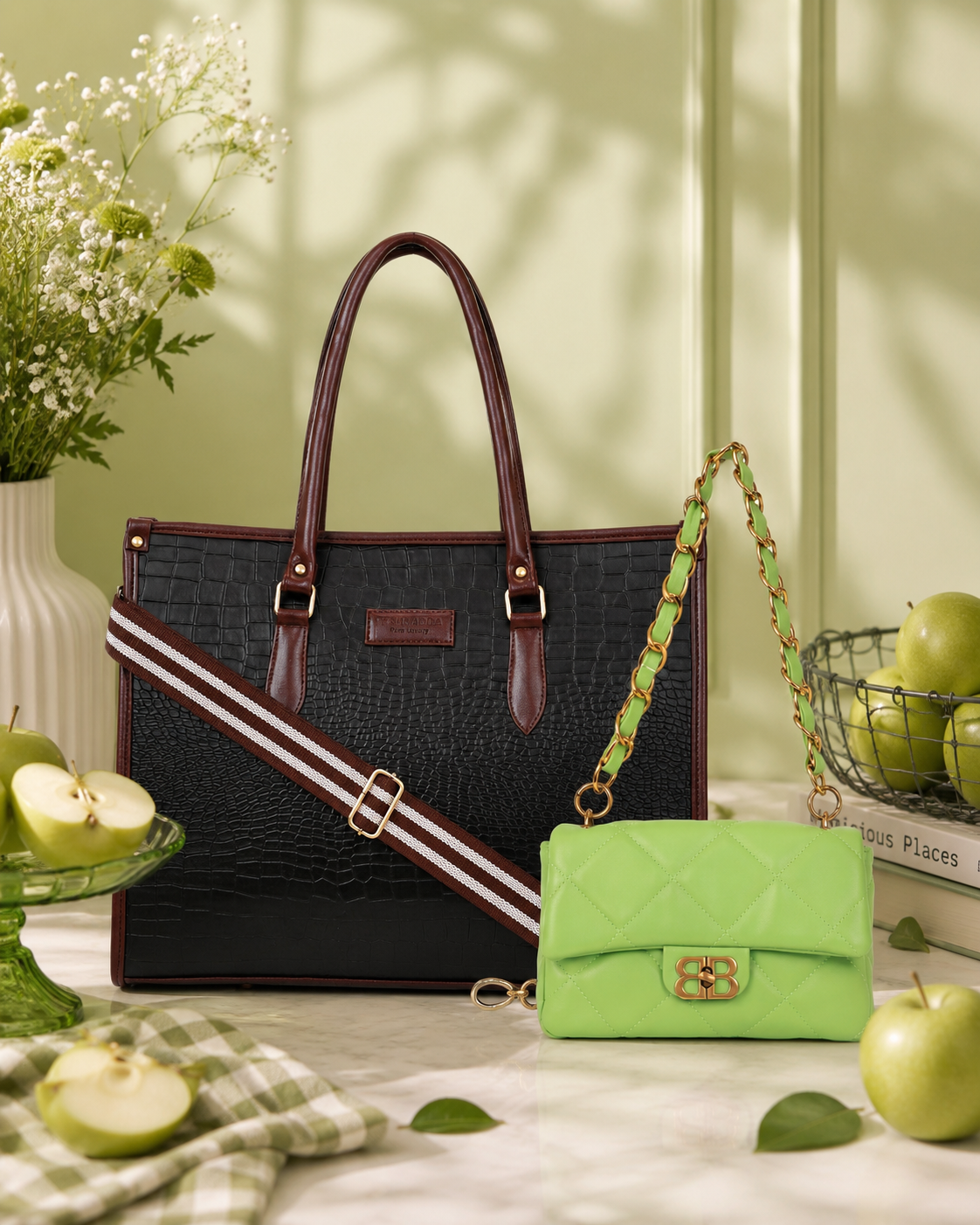 Black Bianca Tote Bag + Green Bailey Shoulder Bag