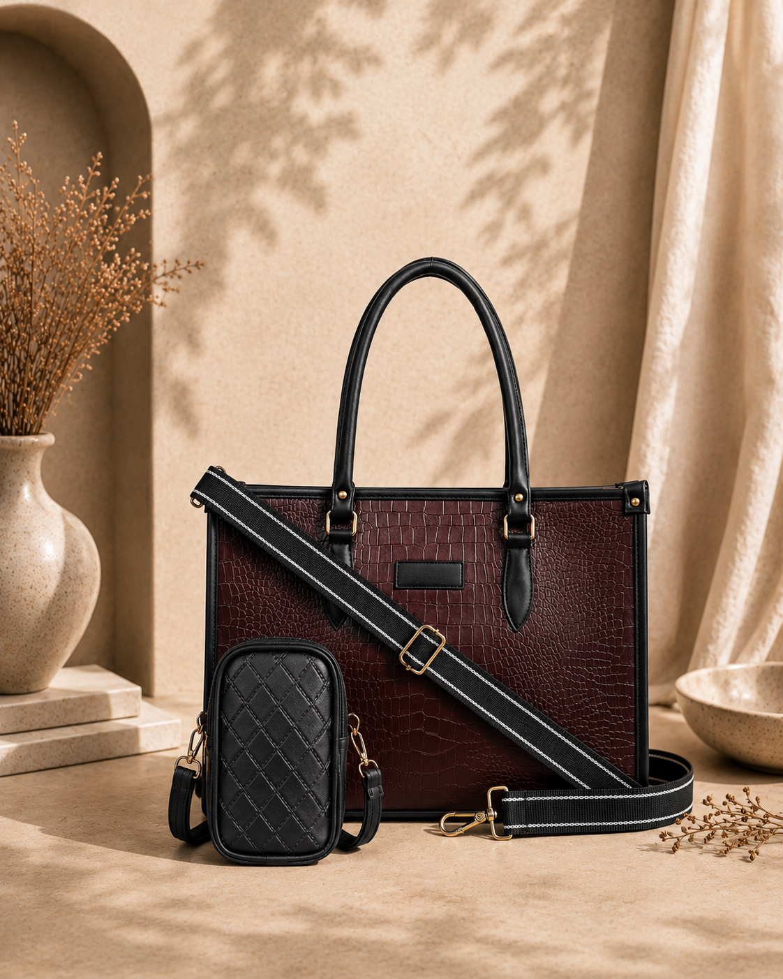 Brown Bianca Tote Bag + Black Twin Mobile Sling Bag