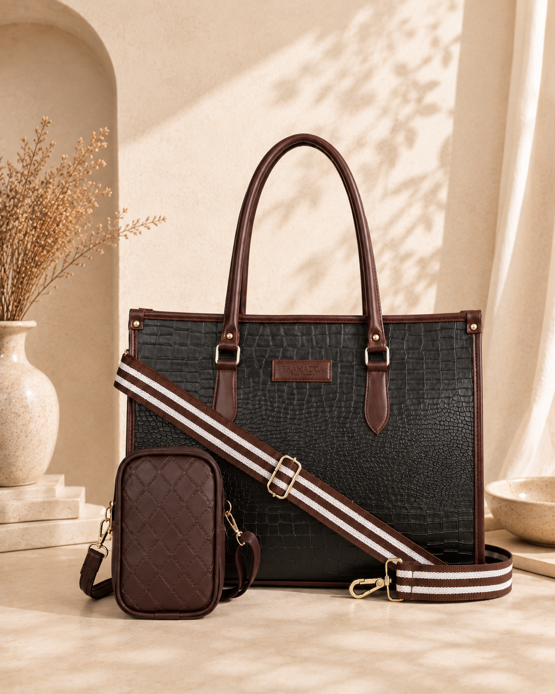 Black Bianca Tote Bag + Brown Twin Mobile Sling Bag