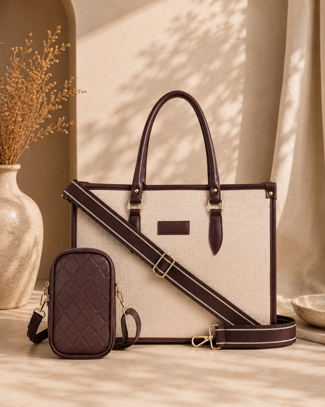 Beige Bianca Tote Bag + Brown Twin Mobile Sling