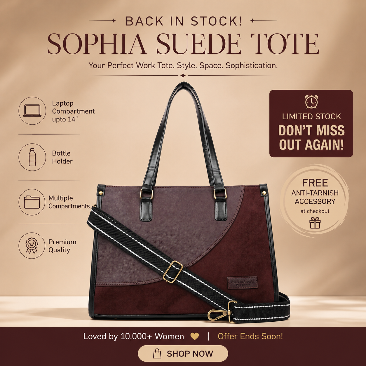 Classic Sophia Suede Tote Bag (15.5" Inch)