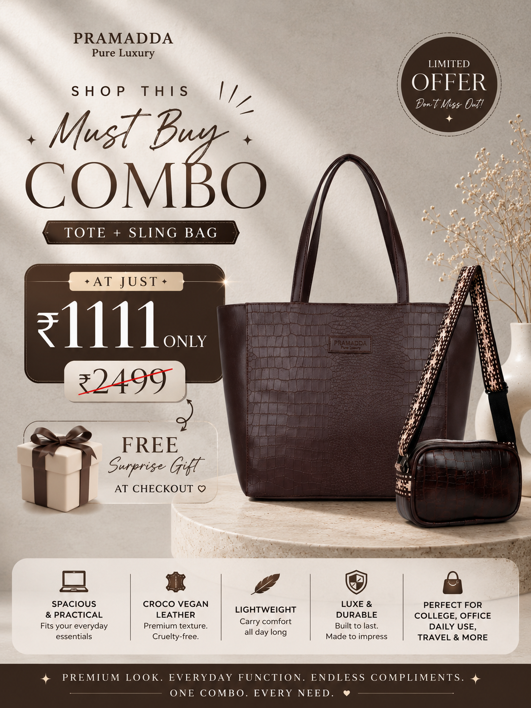 Fiona Croco Tote Bag with Dona Croco Sling Combo