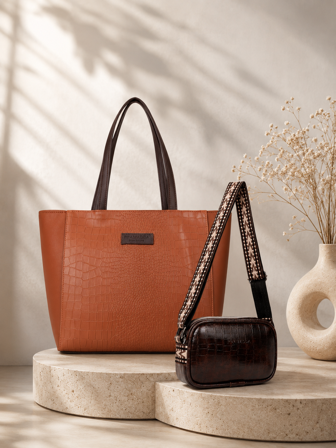Fiona Croco Tote Bag with Dona Croco Sling Combo. (Tan & Brown)